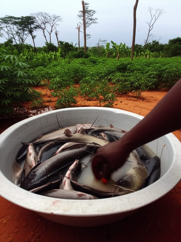 Freshly harvested catfish in metal basin