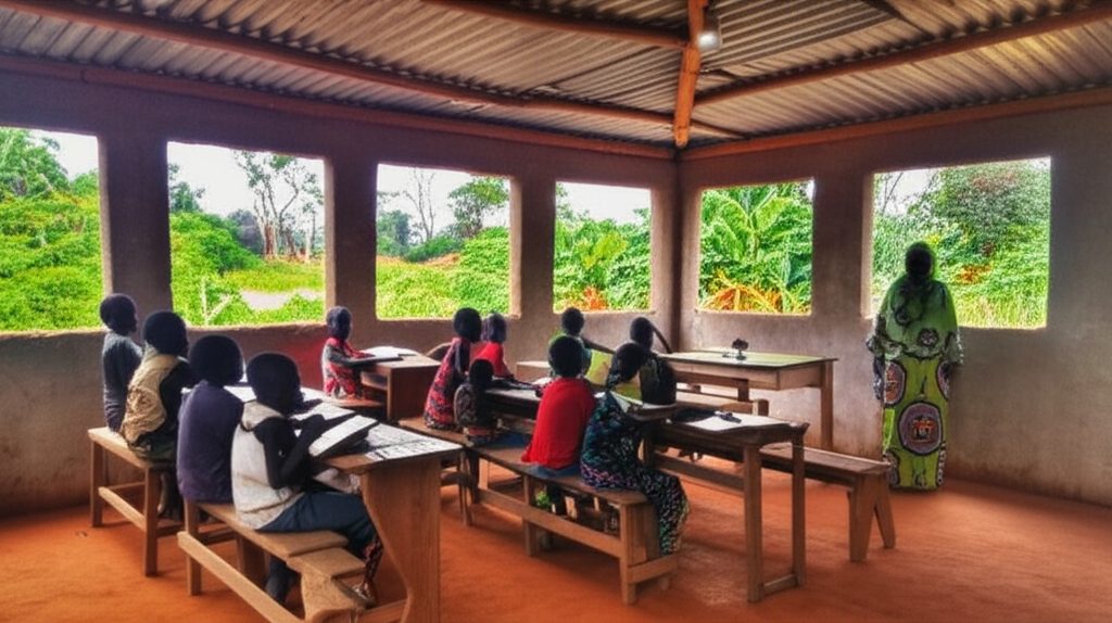 Children studying in an open-air classroom