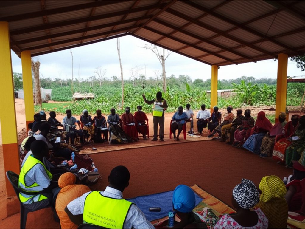 Community members gather under an open shelter to plan, discuss, and govern their own future