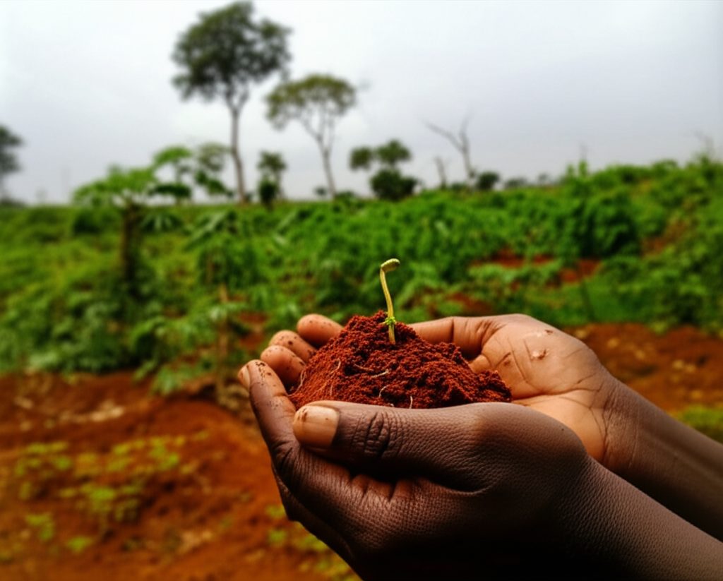 Hands cupping red Cameroon earth with a tiny seedling — the core metaphor of everything Taawunu builds