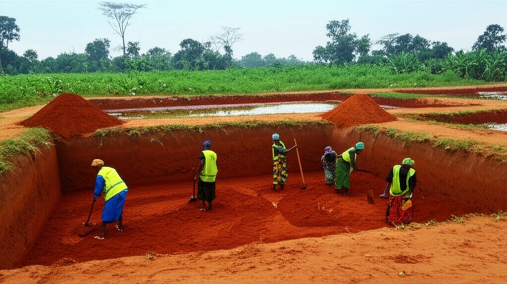 Workers digging fish ponds by hand