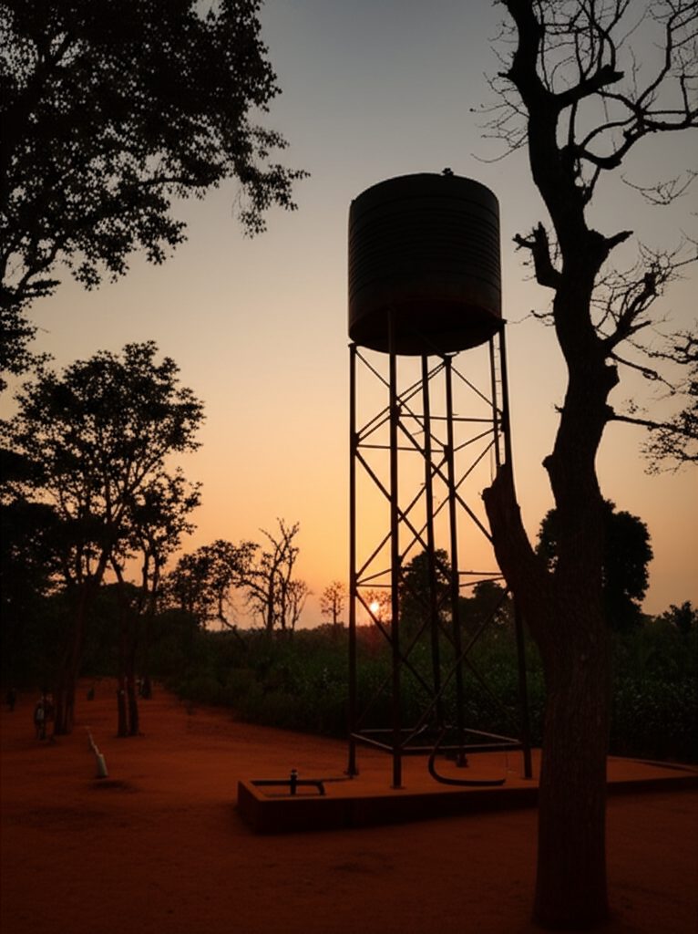 Water tank silhouetted against African sunset — permanence