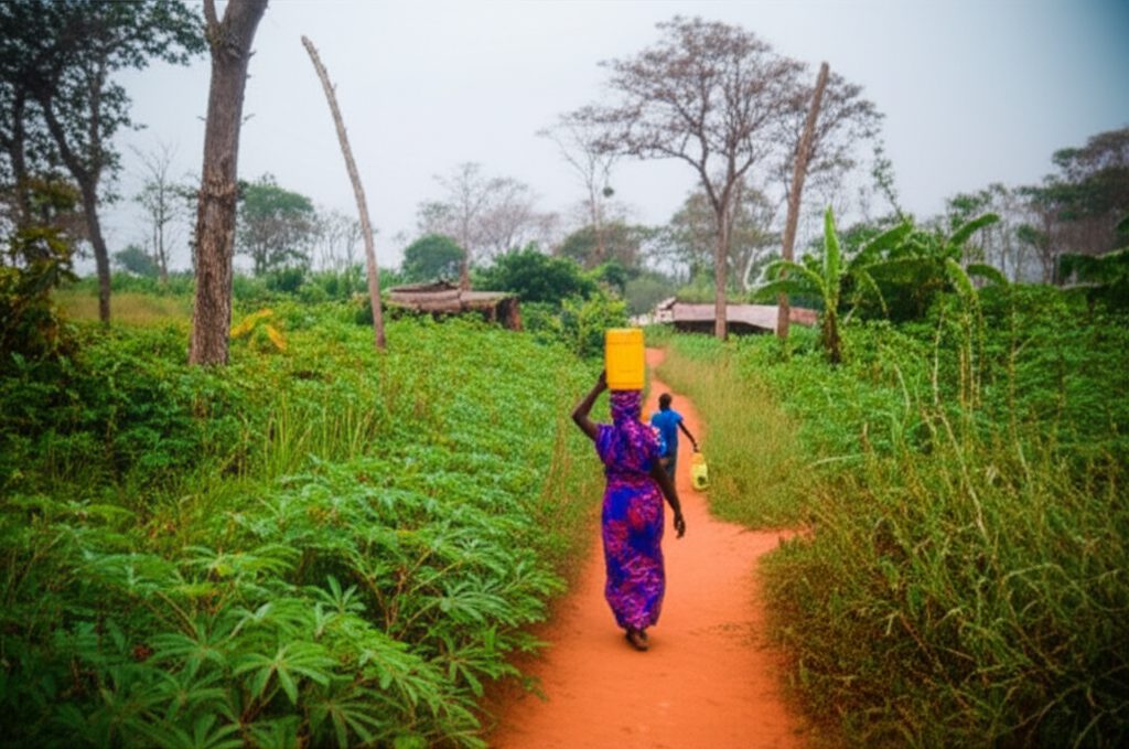 A woman carries water along a red laterite path — before the borehole, this walk was kilometres longer